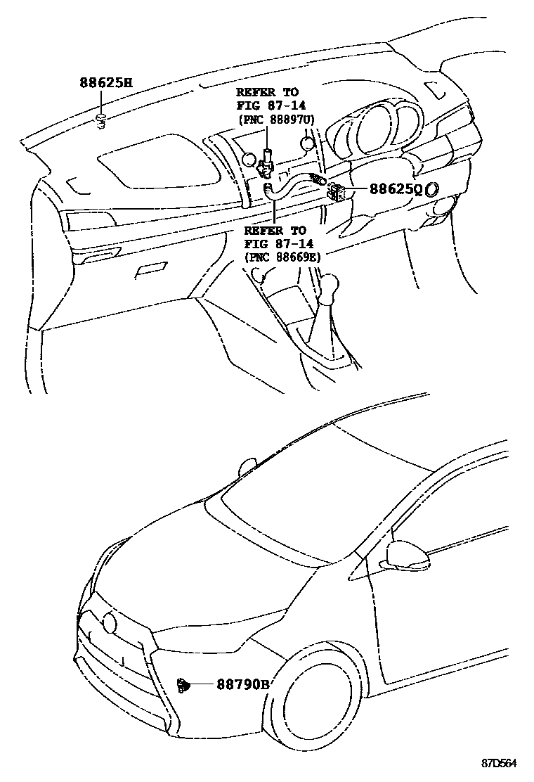 Toyota YARIS 暖风和空调系统 - 控制器和风管 EPC diagram — 87D564