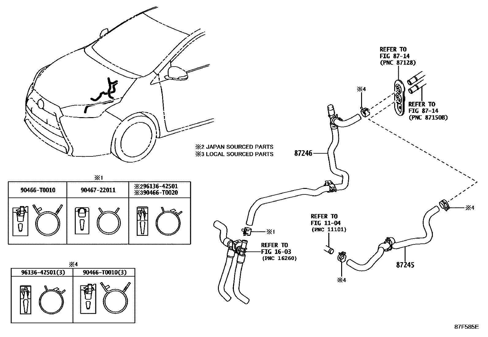 Toyota YARIS 暖风和空调系统 - 水管 EPC diagram — 87F585E