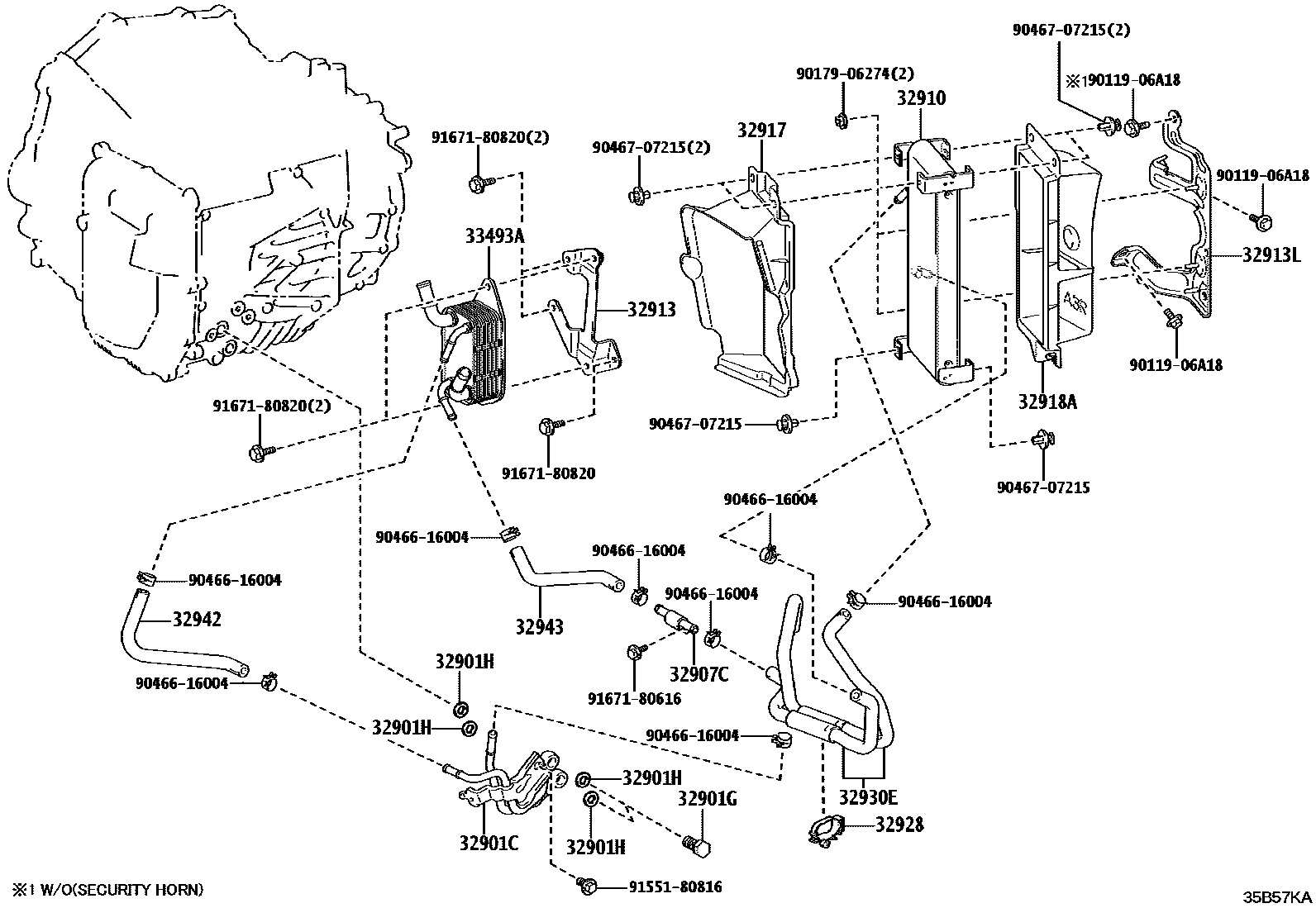 Toyota YARIS 变速器油冷却器和配管(ATM) EPC diagram — 35B57KA