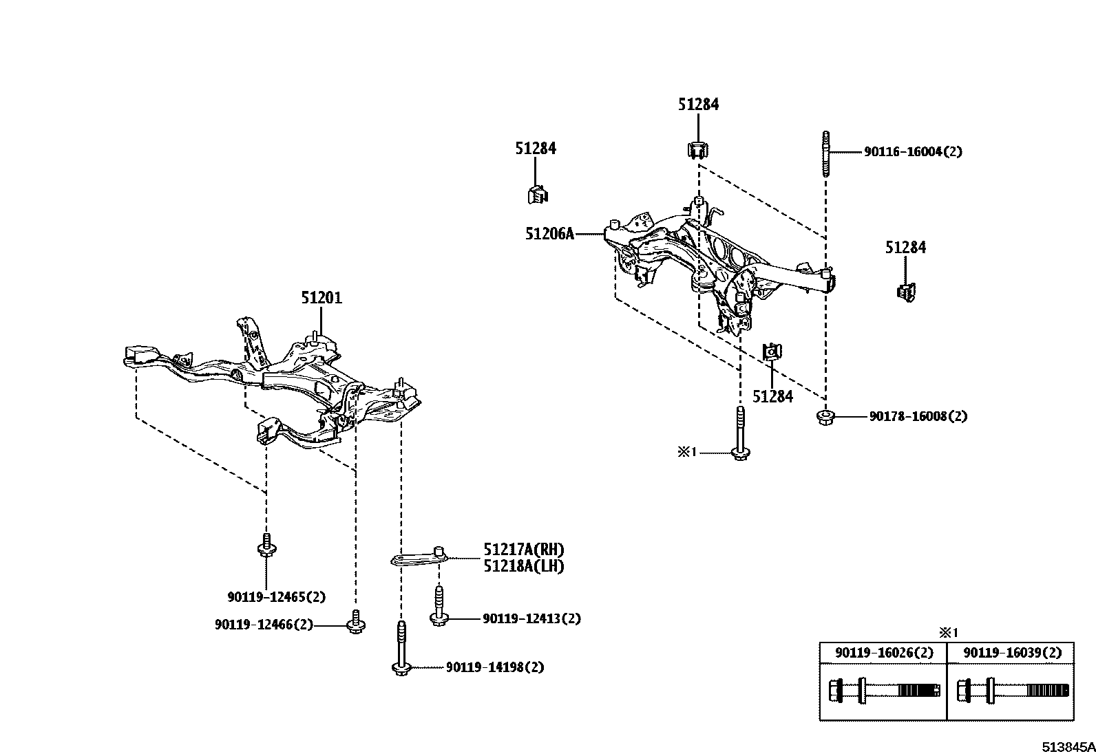 Toyota YARIS 悬架横梁和发动机底罩 EPC diagram — 513845C