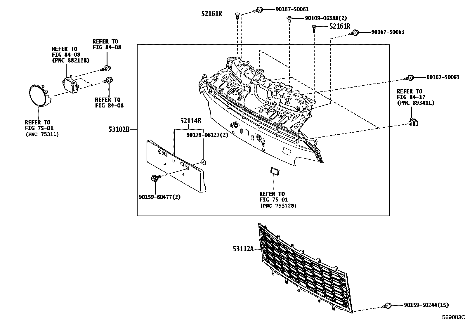 Toyota YARIS radiator grille EPC diagram — 539083C