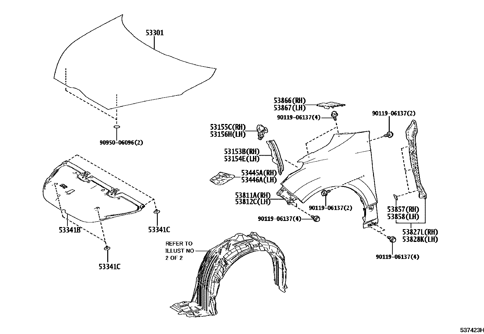 Toyota YARIS 发动机盖和前翼子板 EPC diagram — 537423H
