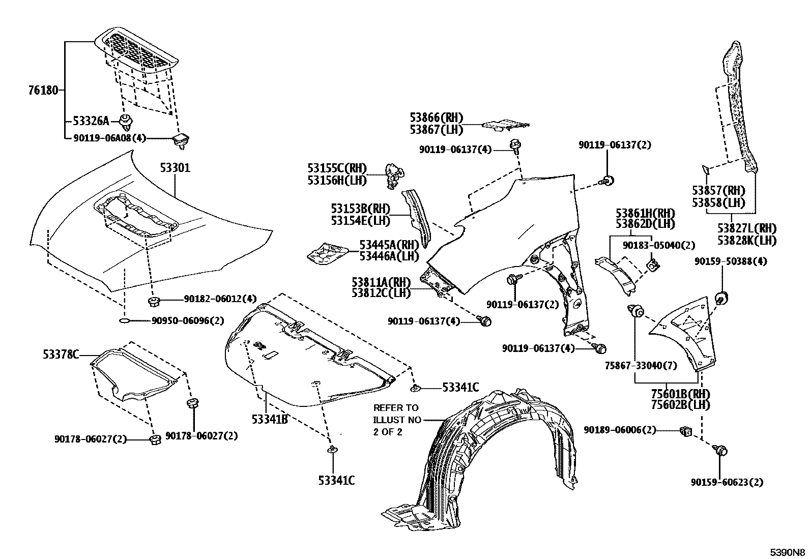 Toyota YARIS 发动机盖和前翼子板 EPC diagram — 5390N8