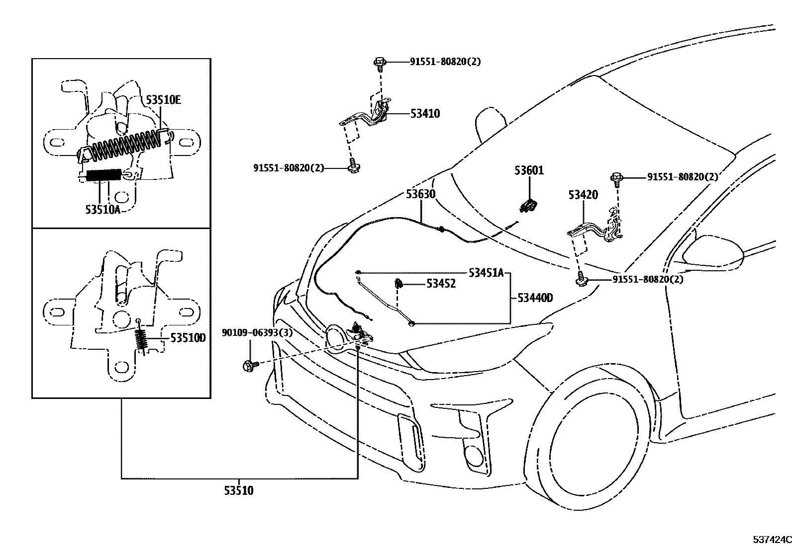 Toyota YARIS 发动机盖锁和铰链 EPC diagram — 537424C