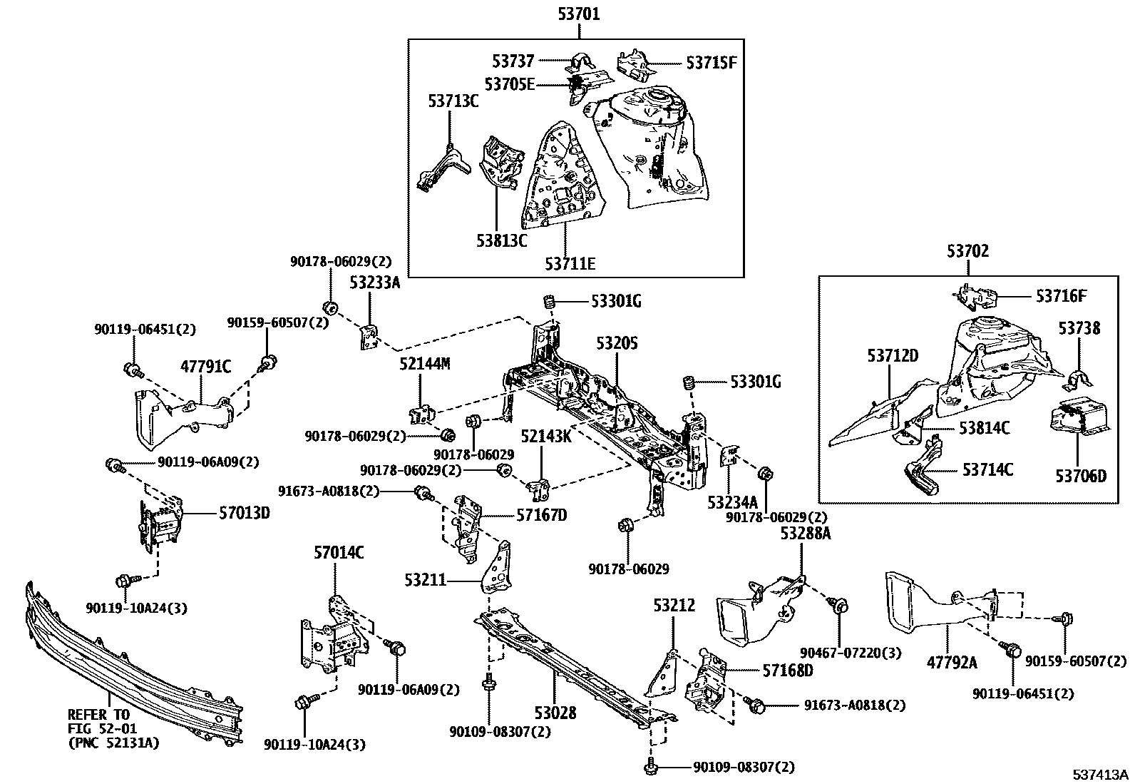 Toyota YARIS 前翼子板挡泥板和前围板 EPC diagram — 537413A