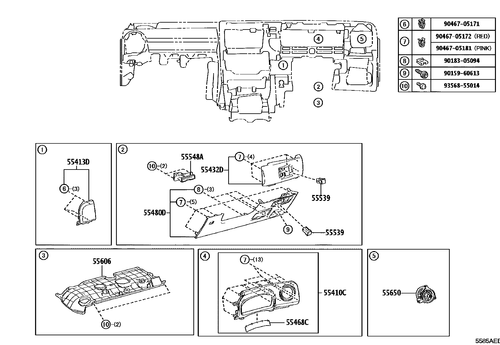 Toyota YARIS 仪表板和手套箱 EPC diagram — 5585AEB