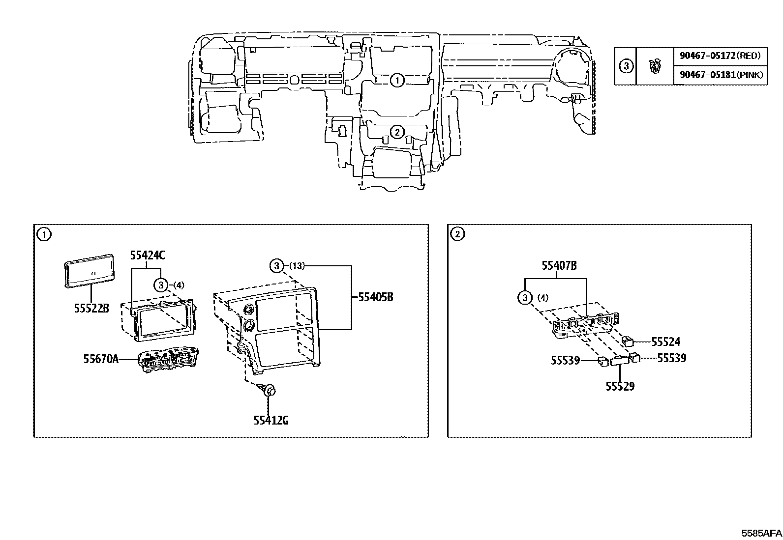 Toyota YARIS 仪表板和手套箱 EPC diagram — 5585AFA