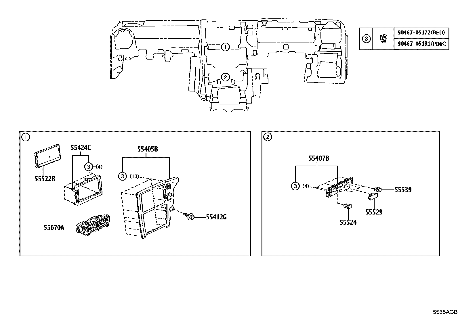 Toyota YARIS 仪表板和手套箱 EPC diagram — 5585AGB
