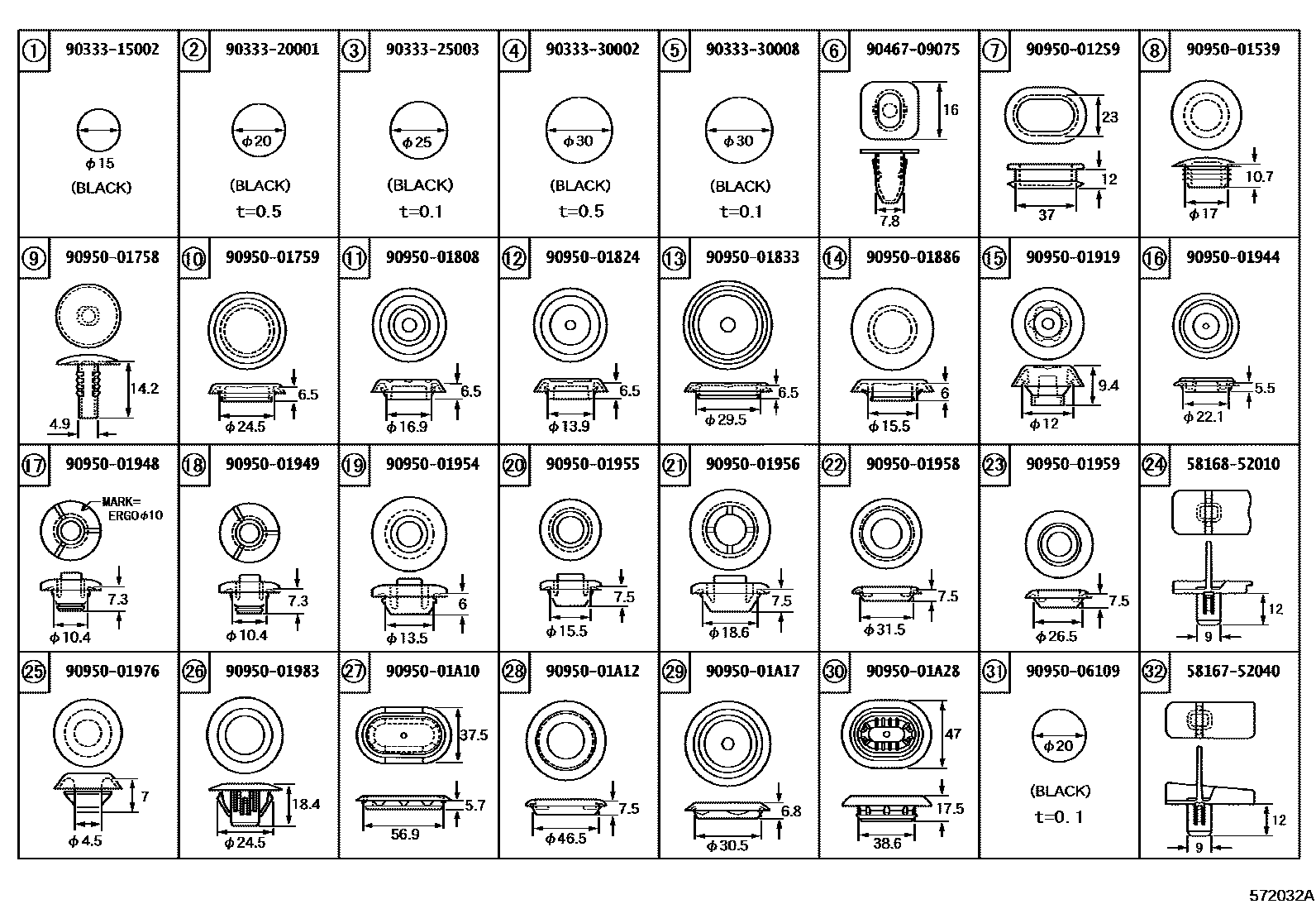 Toyota YARIS hole plug EPC diagram — 572032A