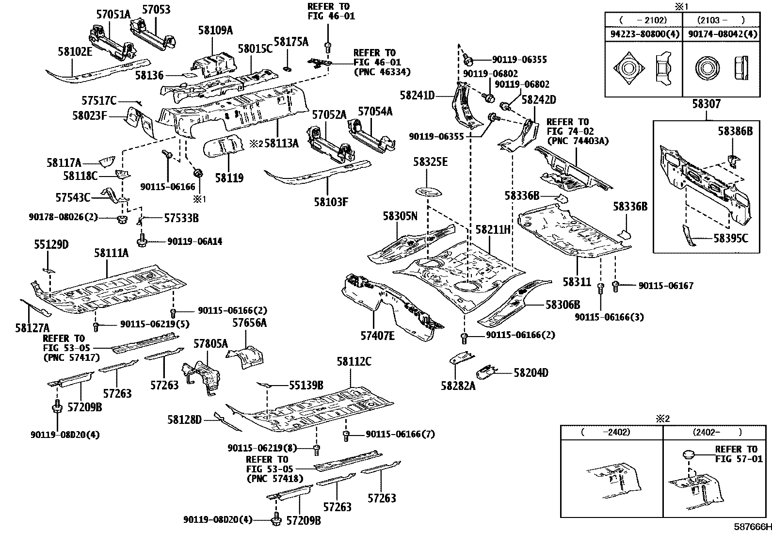 Toyota YARIS 浅盘形地板和车身下背板 EPC diagram — 587666H