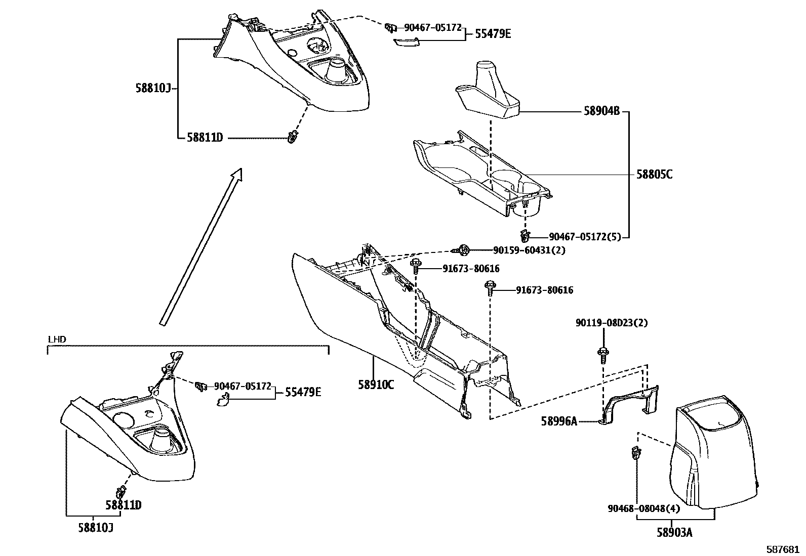 Toyota YARIS 中央扶手箱和支架 EPC diagram — 587681
