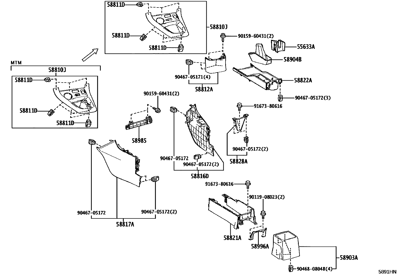 Toyota YARIS 中央扶手箱和支架 EPC diagram — 5891HN
