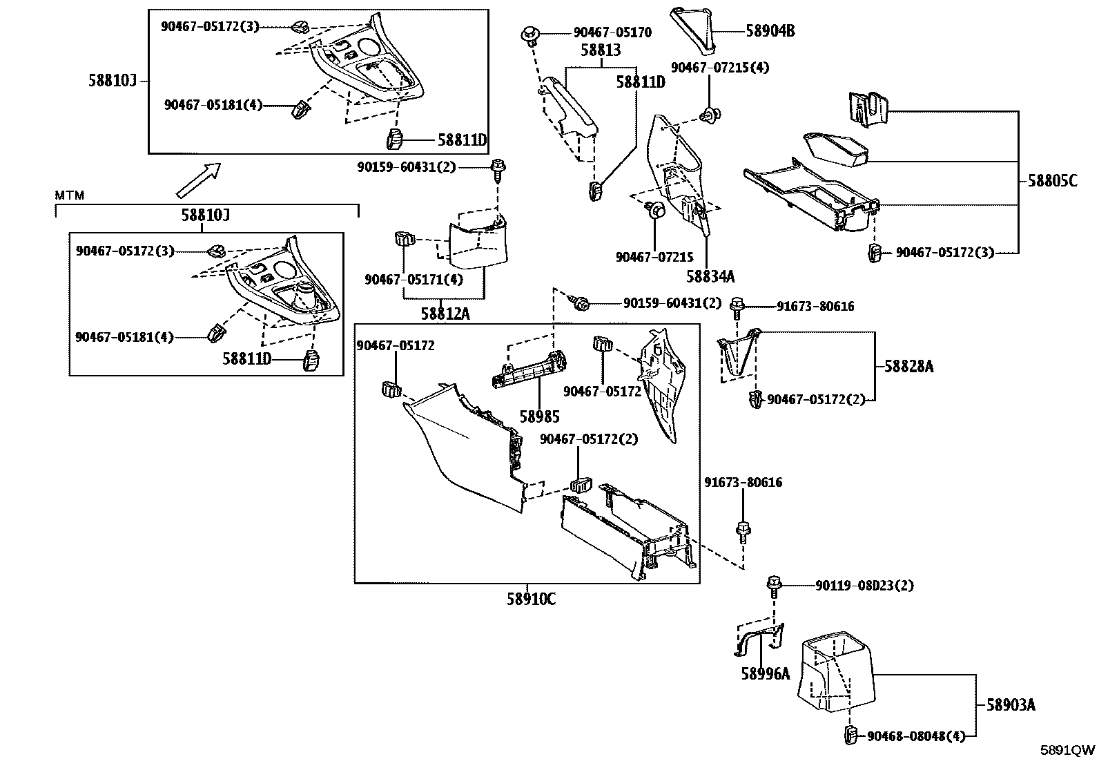 Toyota YARIS 中央扶手箱和支架 EPC diagram — 5891QW