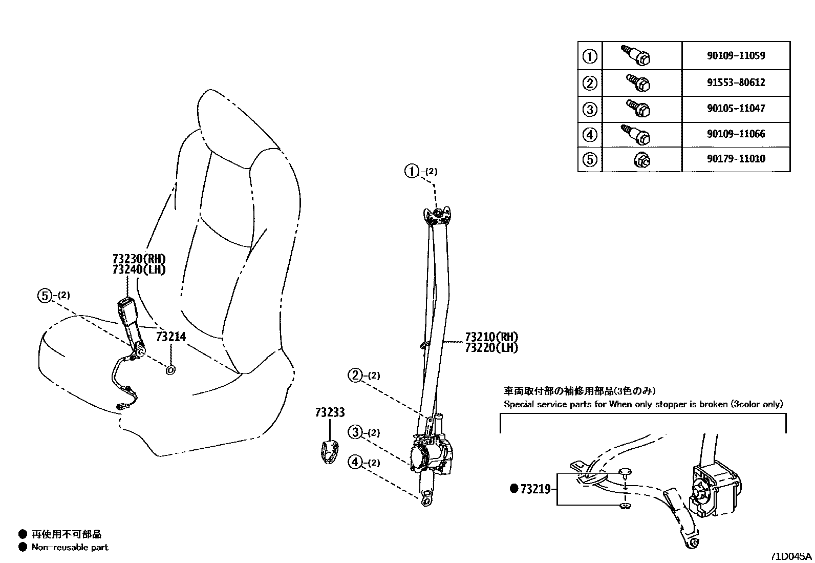 Toyota YARIS 安全带和儿童保护座椅 EPC diagram — 71D045A