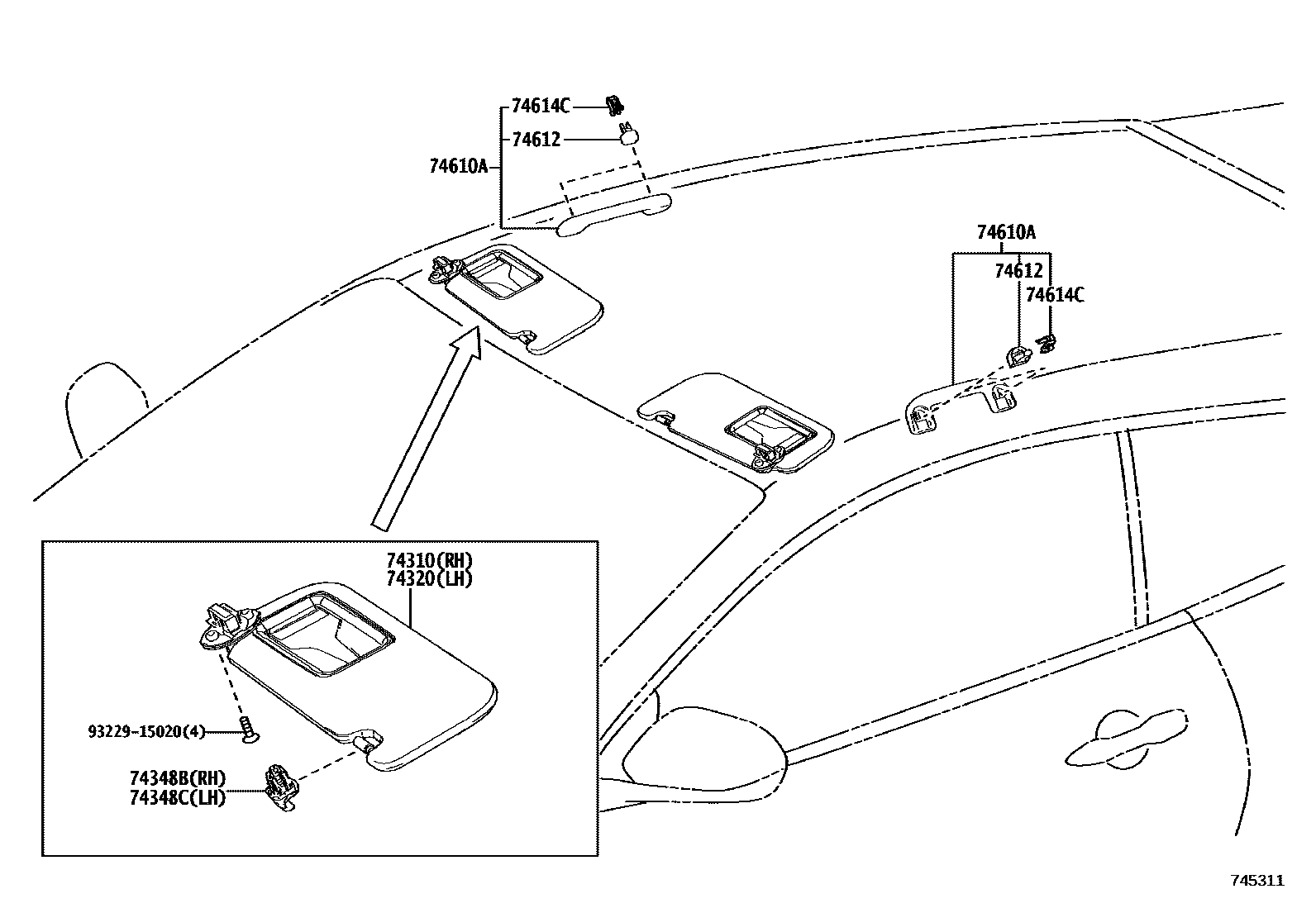 Toyota YARIS 扶手和遮阳板 EPC diagram — 745311