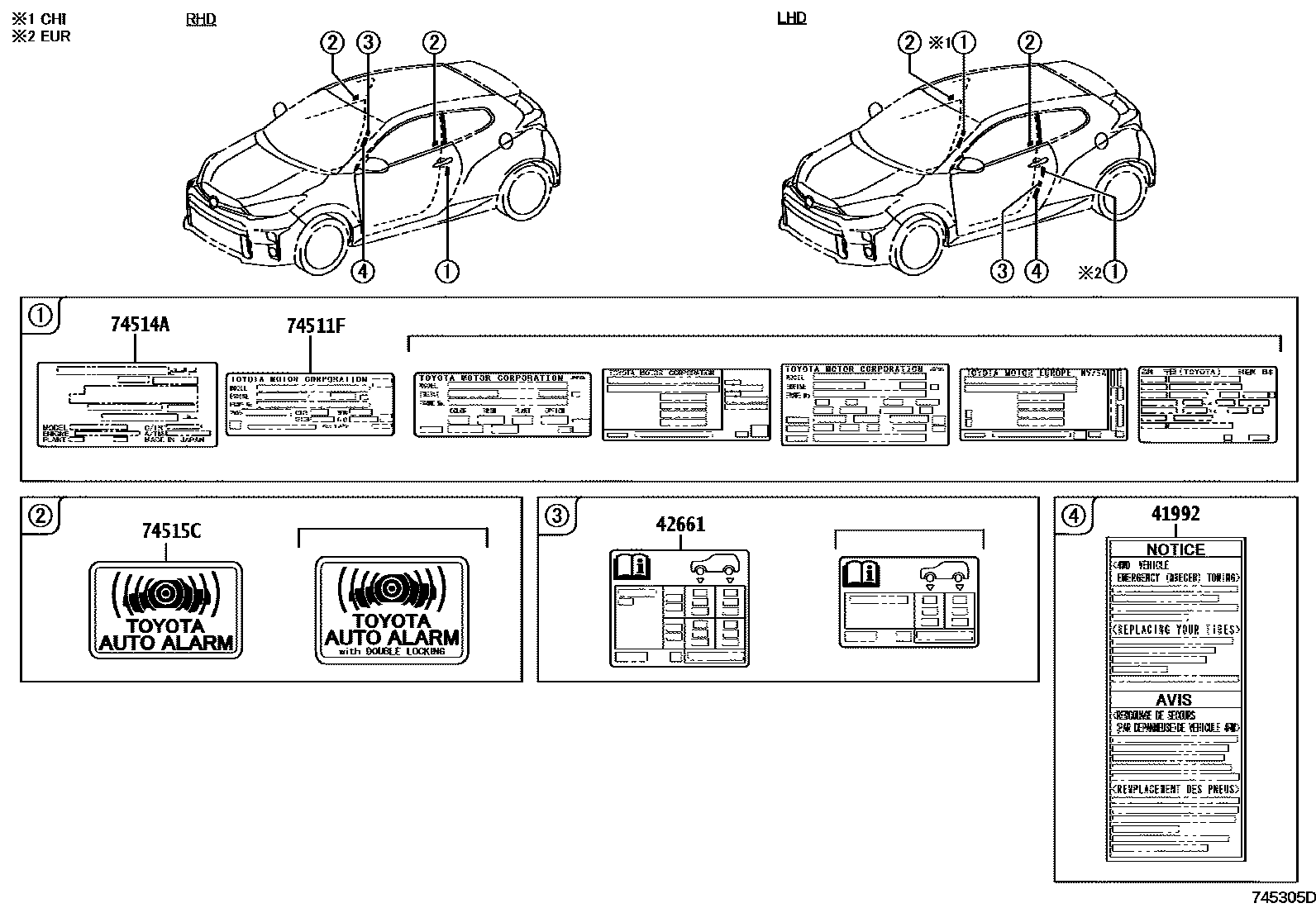 Toyota YARIS 警示铭牌(车外和车内) EPC diagram — 745305D