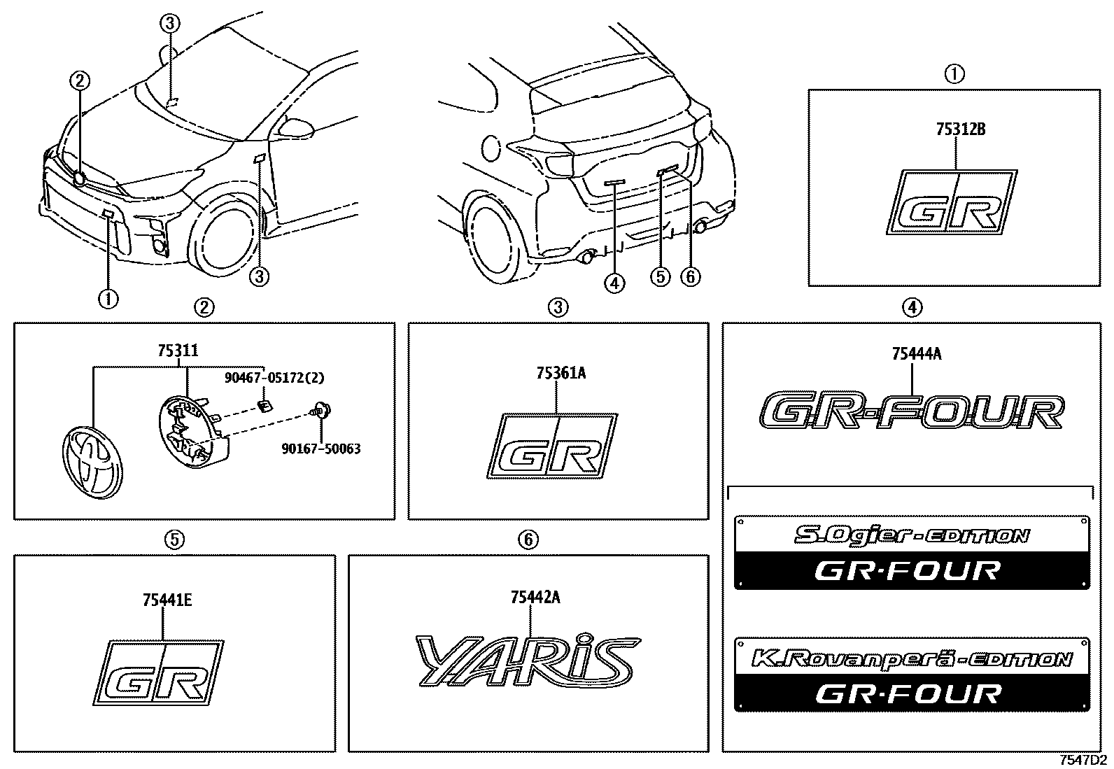 Toyota YARIS 丰田徽标和铭牌(车外和车内) EPC diagram — 7547D2