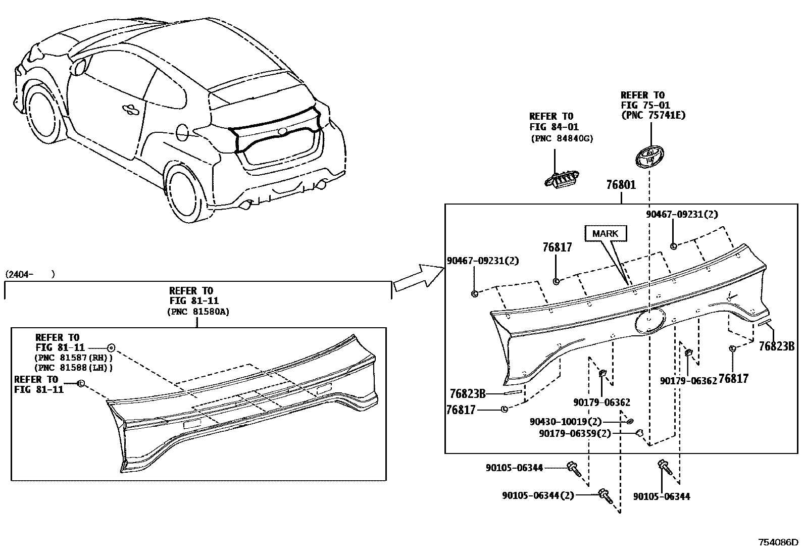 Toyota YARIS 后防护条 EPC diagram — 754086E