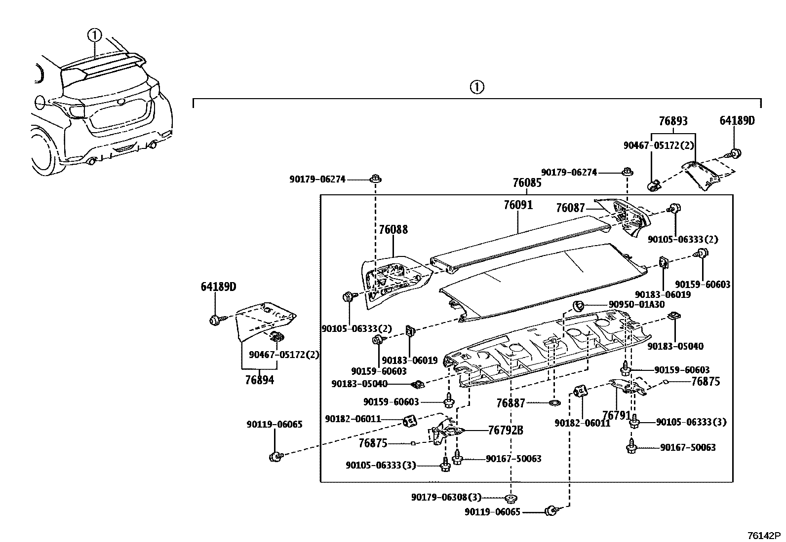 Toyota YARIS 挡泥板和扰流板 EPC diagram — 76142P