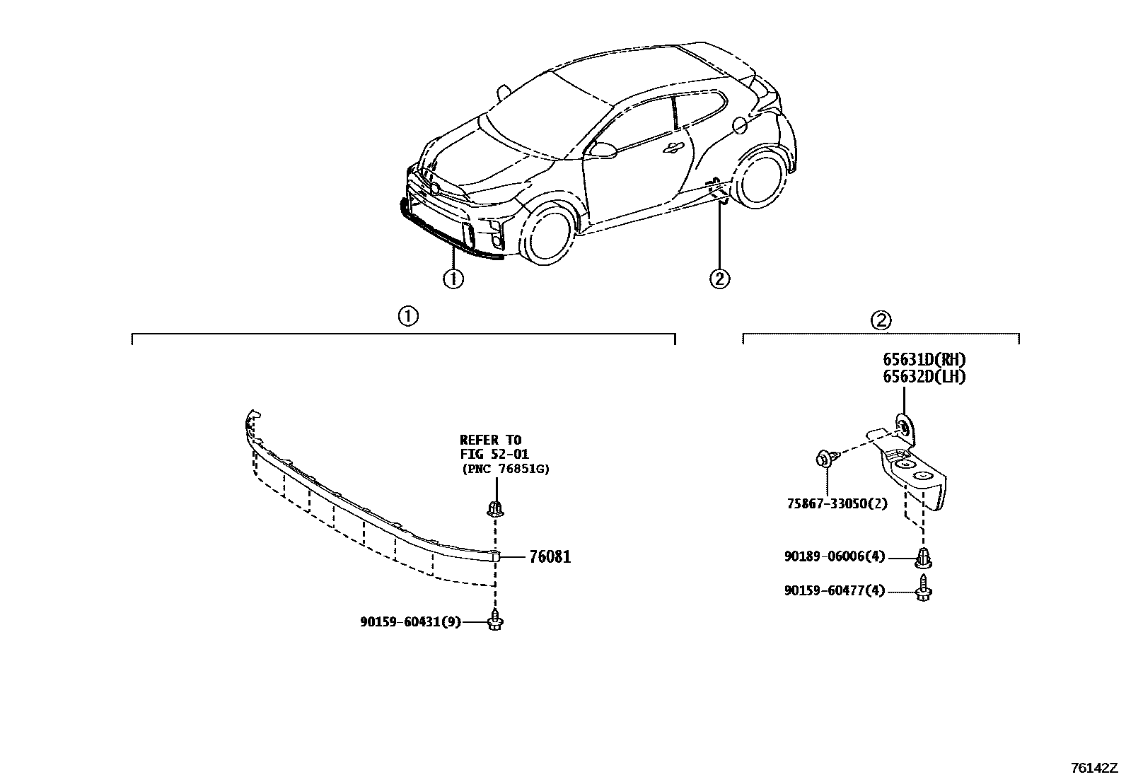 Toyota YARIS 挡泥板和扰流板 EPC diagram — 76142Z