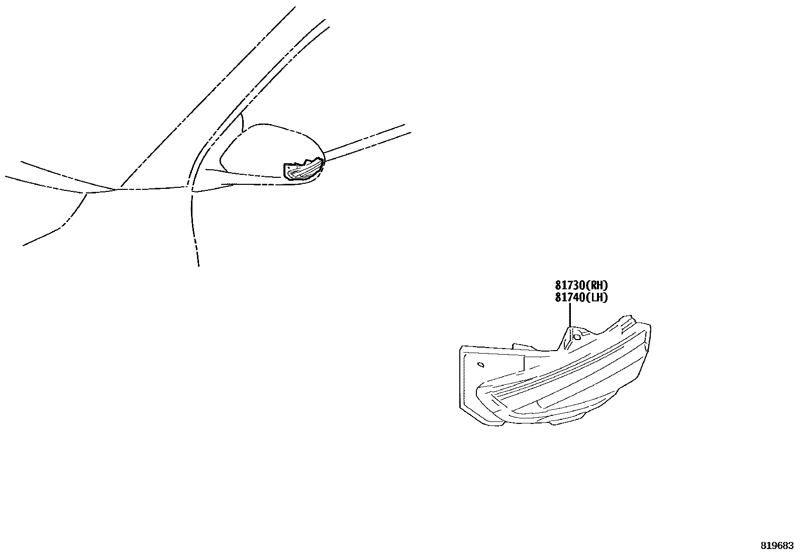 Toyota YARIS Side Turn Signal & Outer Mirror Lamp EPC diagram — 819683