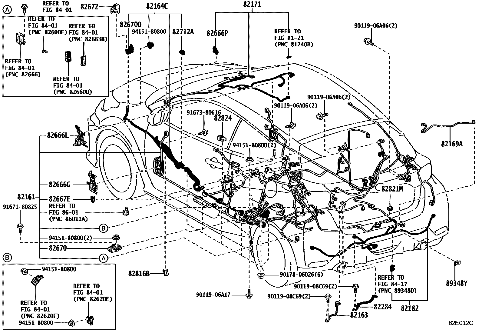 Toyota YARIS 线束和卡夹 EPC diagram — 82E012C