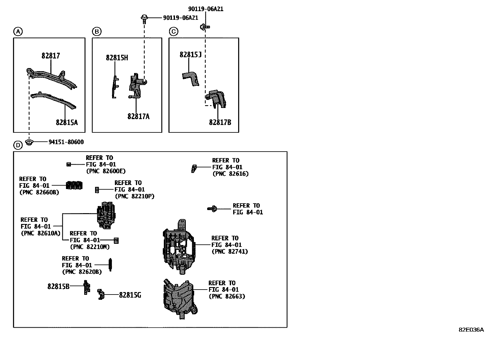 Toyota YARIS 线束和卡夹 EPC diagram — 82E036A