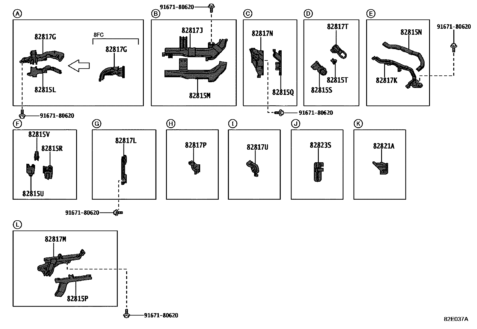 Toyota YARIS 线束和卡夹 EPC diagram — 82E037A
