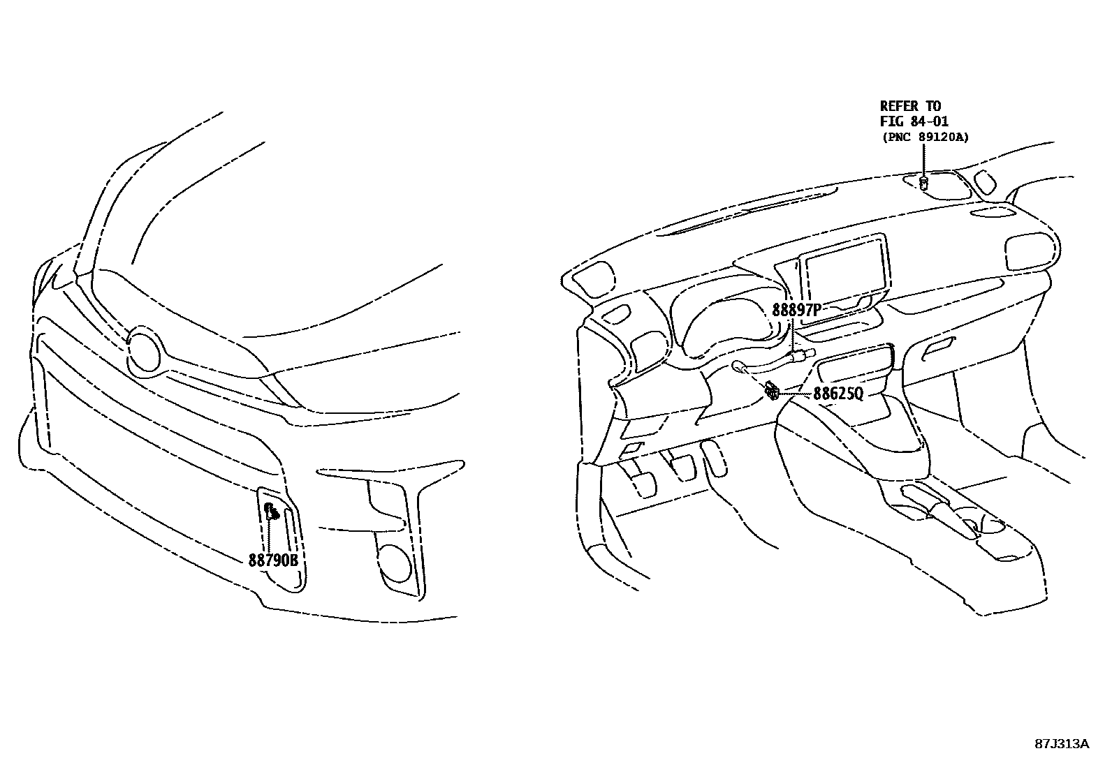 Toyota YARIS 暖风和空调系统 - 控制器和风管 EPC diagram — 87J313A