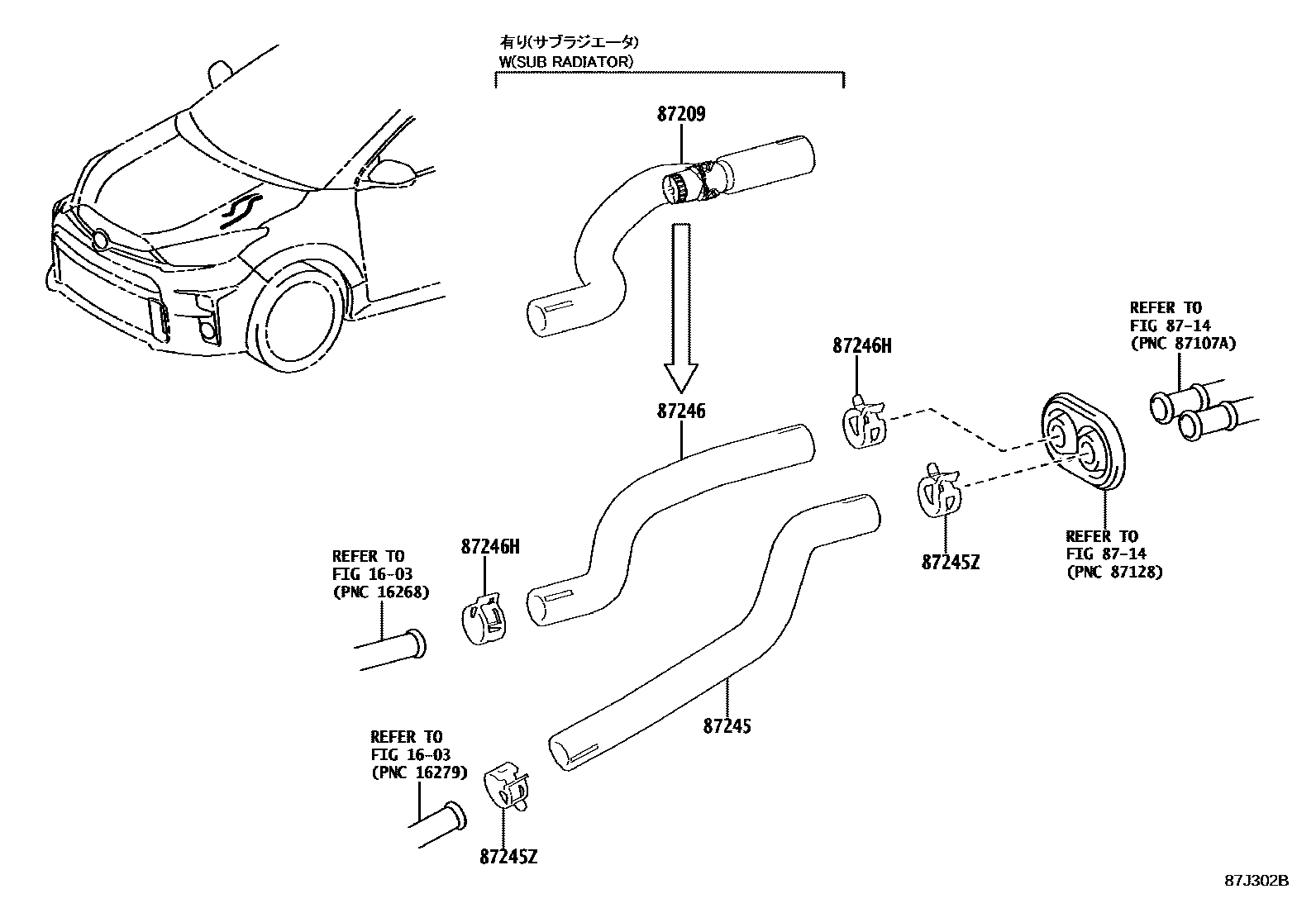 Toyota YARIS 暖风和空调系统 - 水管 EPC diagram — 87J302B