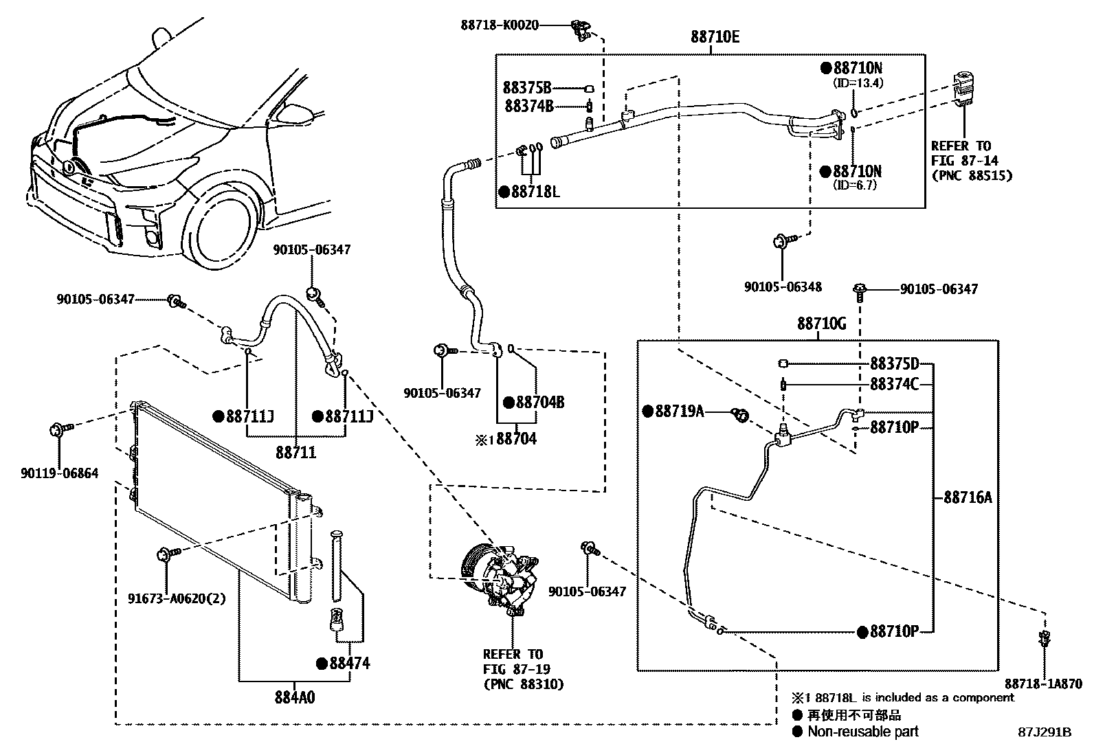 Toyota YARIS Heating & Air Conditioning - Cooler Piping EPC diagram — 87J291B