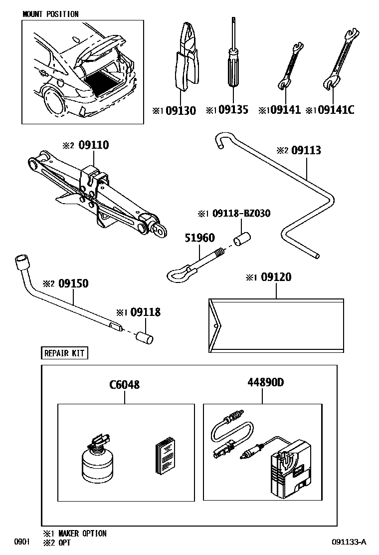 Toyota YARIS Standard Tools EPC diagram — 091133A