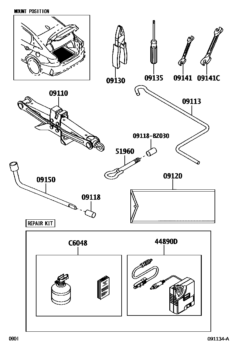 Toyota YARIS Standard Tools EPC diagram — 091134A