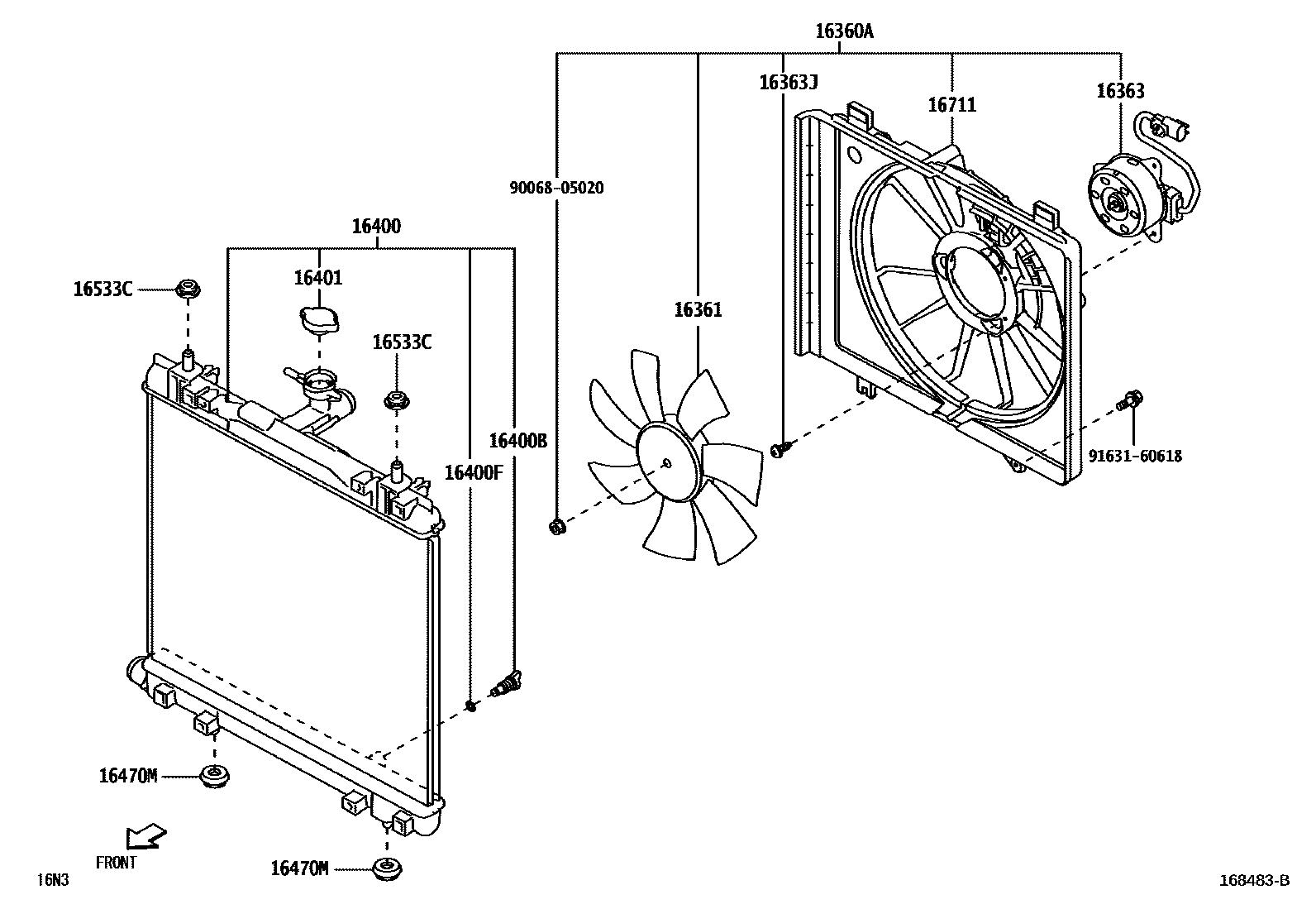 Toyota YARIS RADIATOR & WATER OUTLET EPC diagram — 168483B