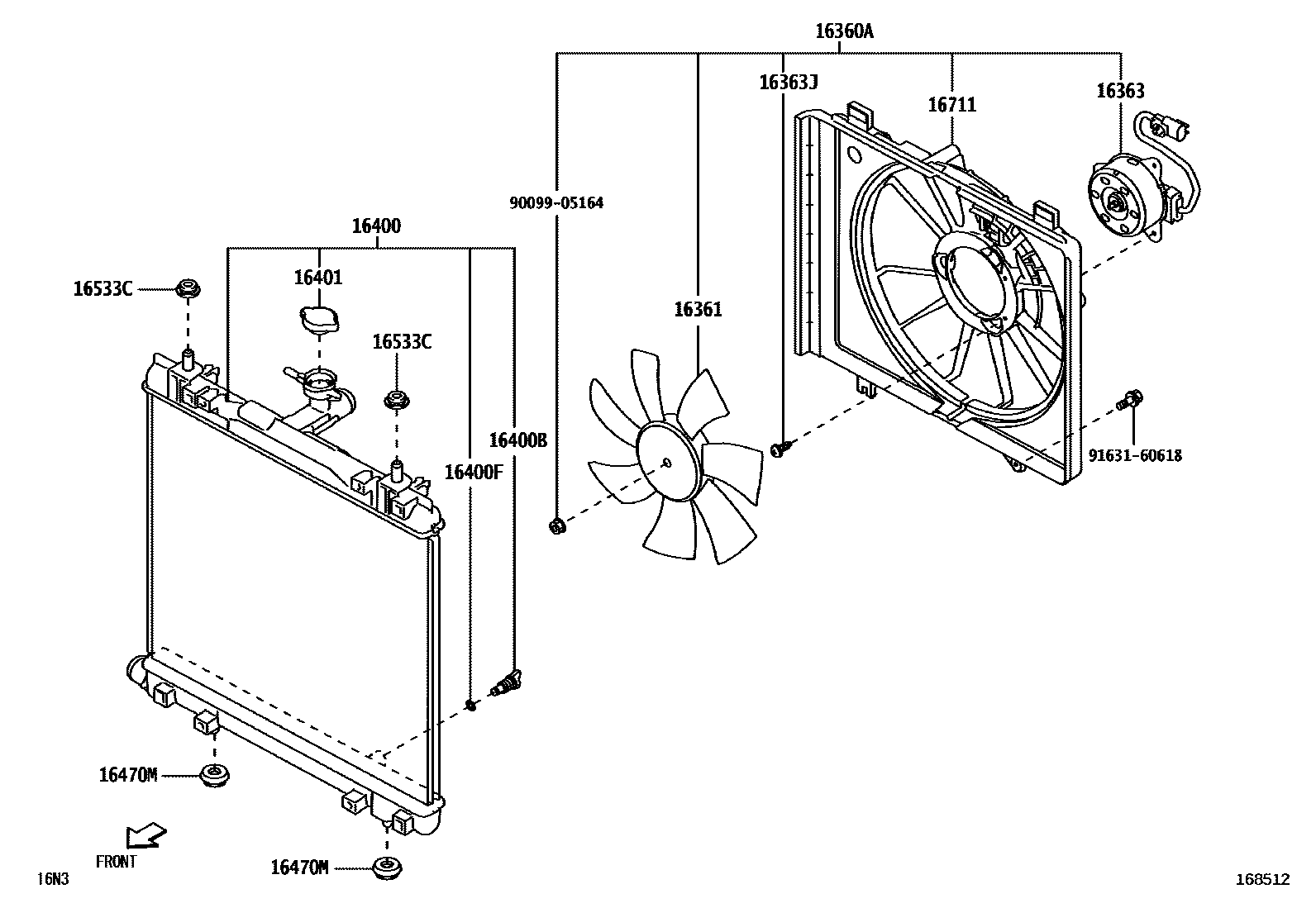 Toyota YARIS RADIATOR & WATER OUTLET EPC diagram — 168512
