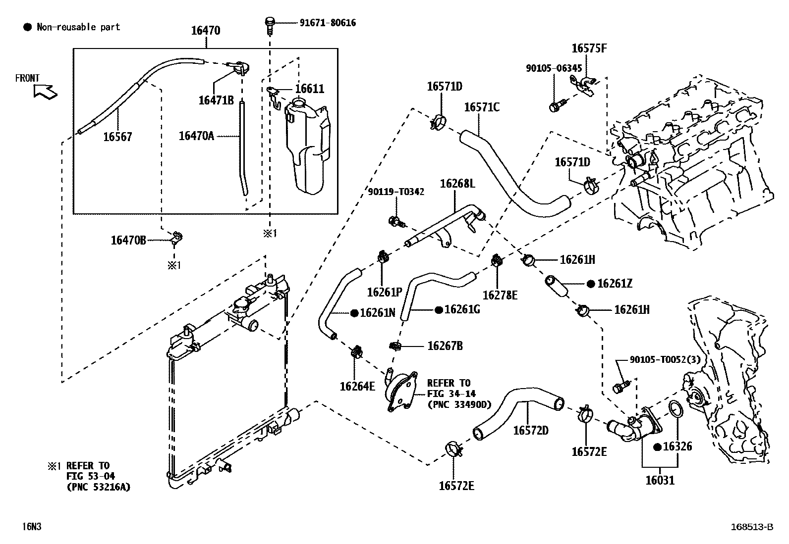 Toyota YARIS RADIATOR & WATER OUTLET EPC diagram — 168513B