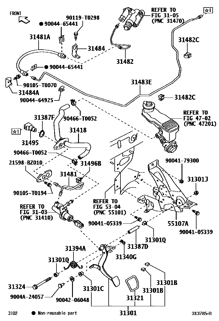 Toyota YARIS 离合器踏板和挠性软管 EPC diagram — 313785B