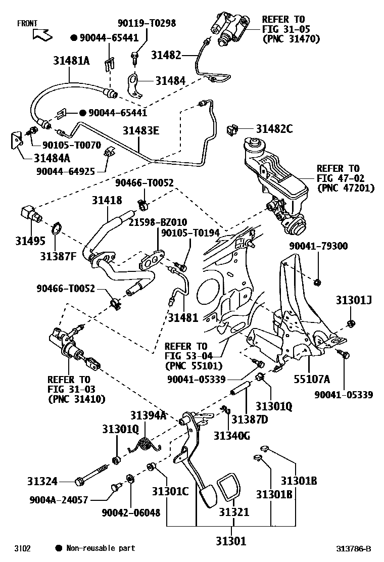 Toyota YARIS 离合器踏板和挠性软管 EPC diagram — 313786B