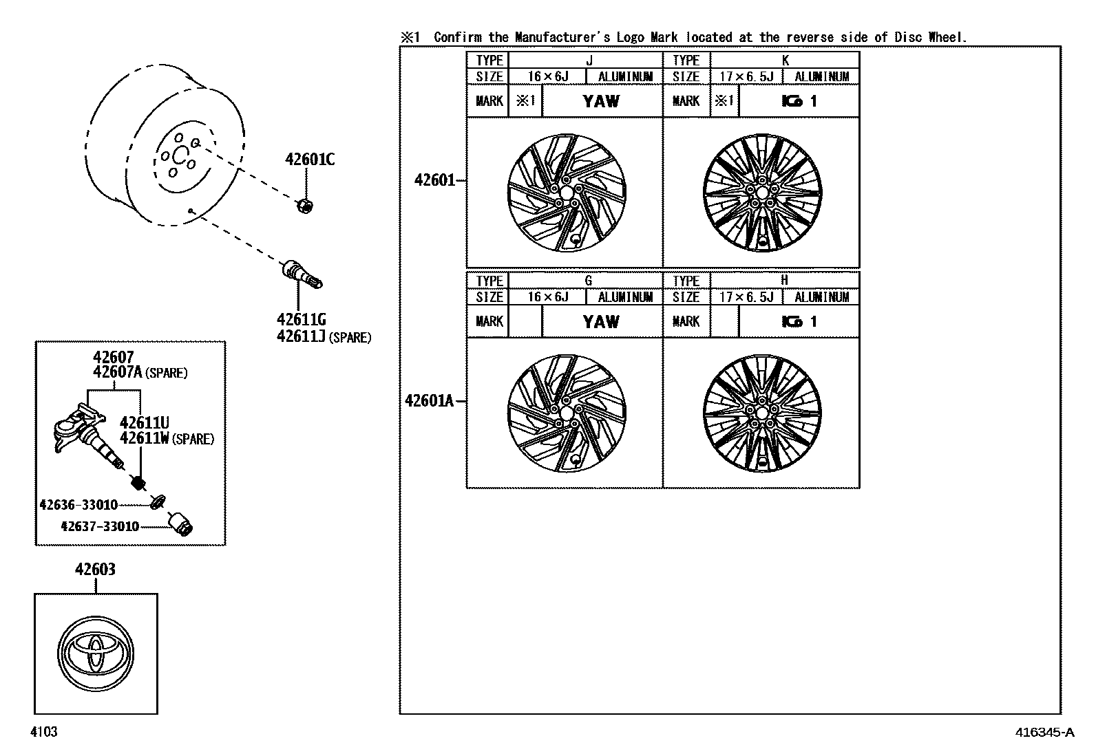 Toyota YARIS 车轮和车轮盖 EPC diagram — 416345A