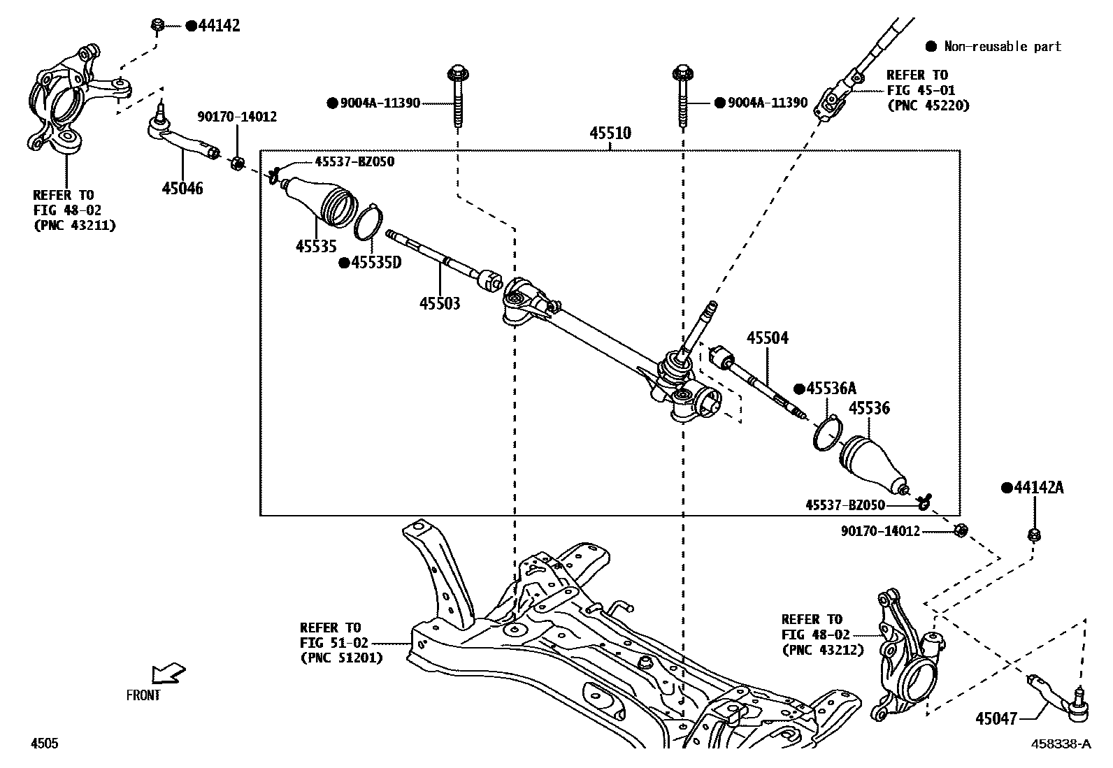 Toyota YARIS 前转向齿轮和连杆 EPC diagram — 458338A