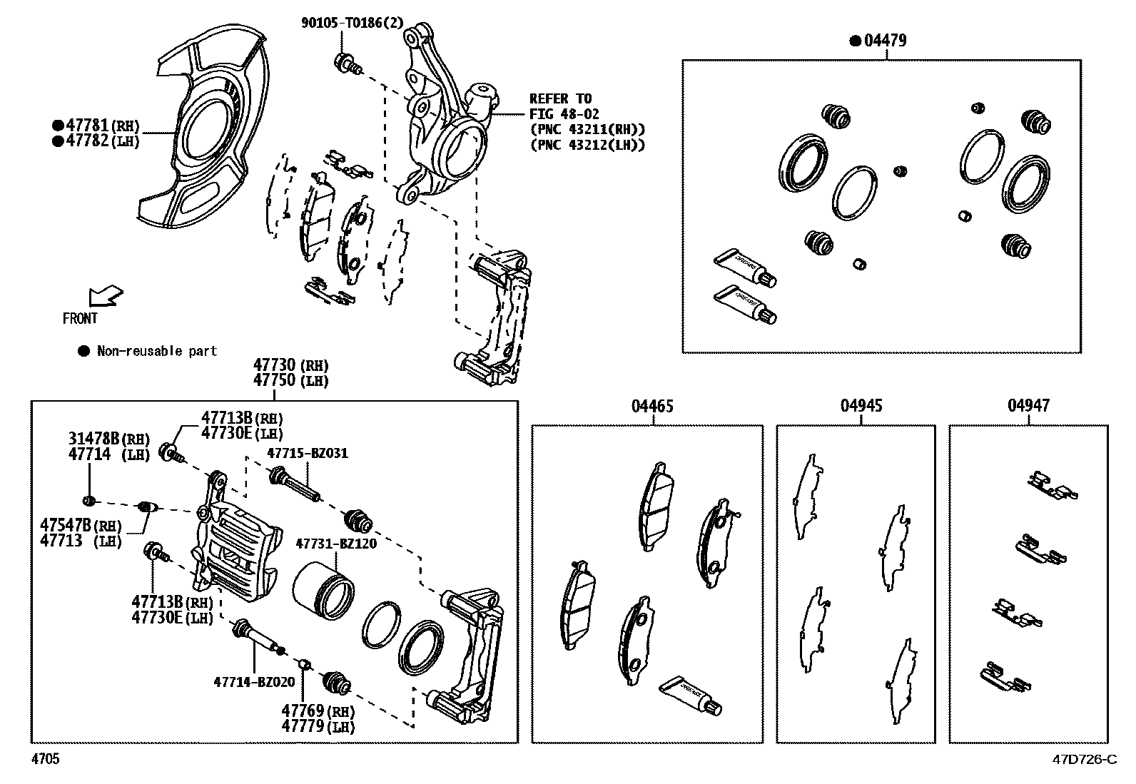 Toyota YARIS 前盘式制动器卡钳和防尘罩 EPC diagram — 47D726C