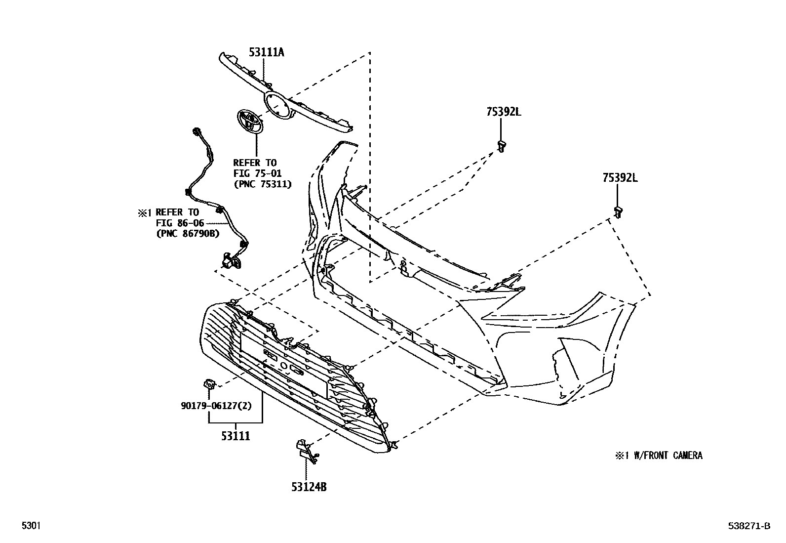 Toyota YARIS radiator grille EPC diagram — 538271B
