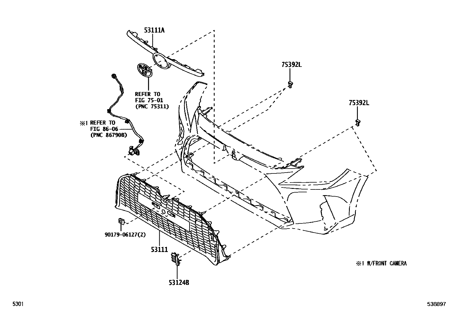 Toyota YARIS radiator grille EPC diagram — 538897