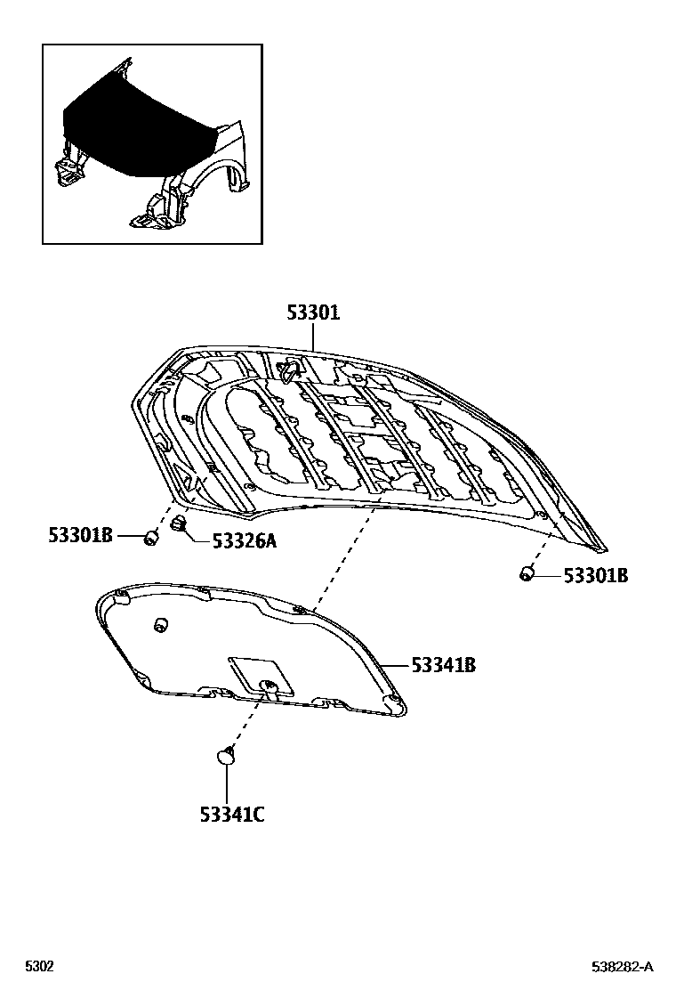 Toyota YARIS 发动机盖和前翼子板 EPC diagram — 538282A