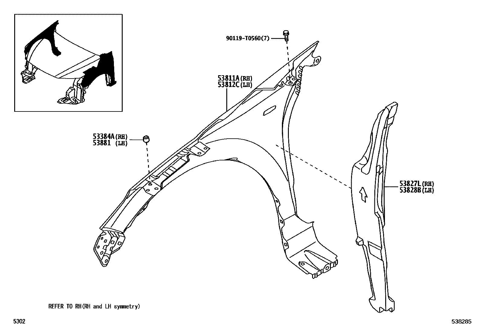 Toyota YARIS 发动机盖和前翼子板 EPC diagram — 538285