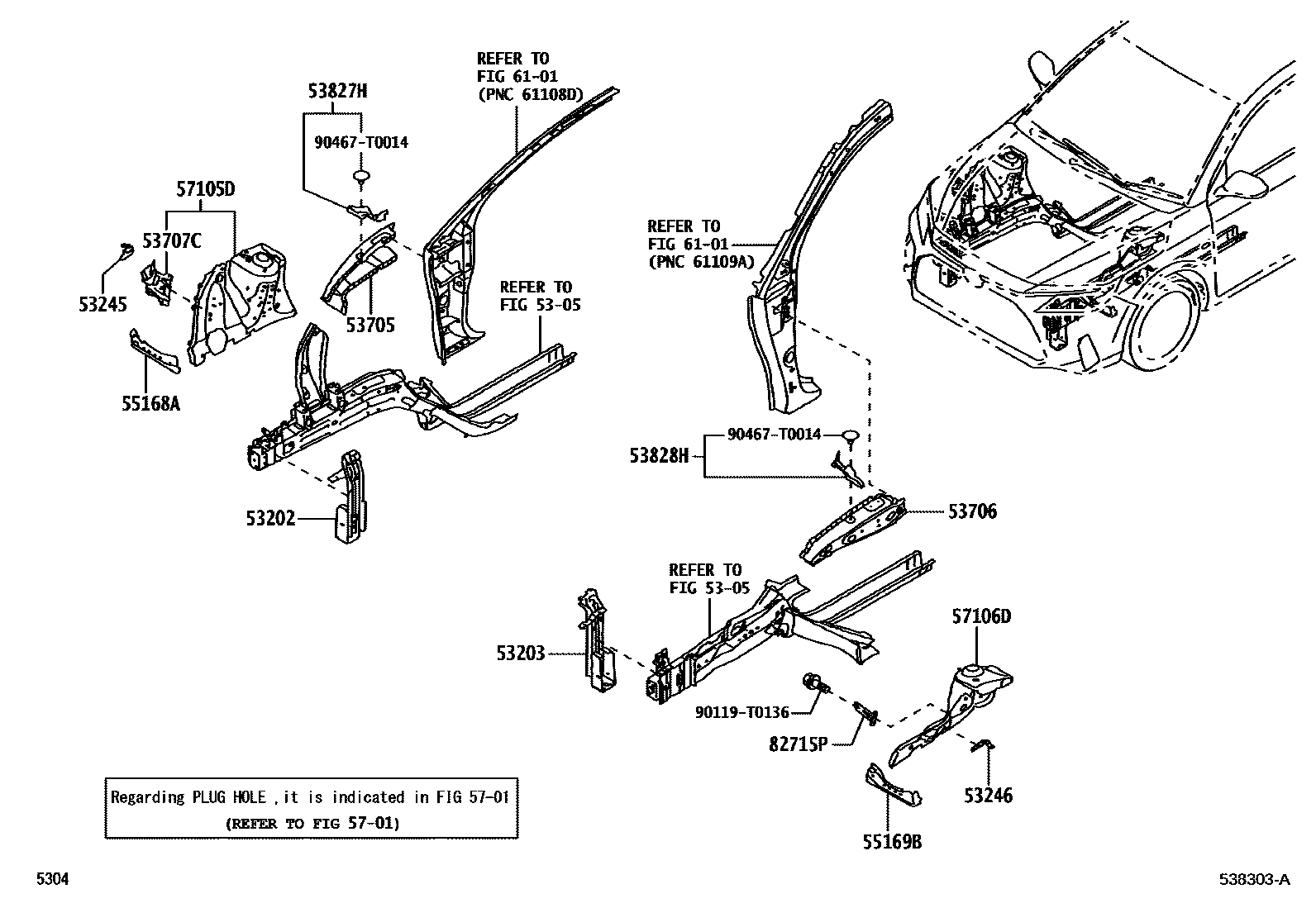 Toyota YARIS 前翼子板挡泥板和前围板 EPC diagram — 538303A