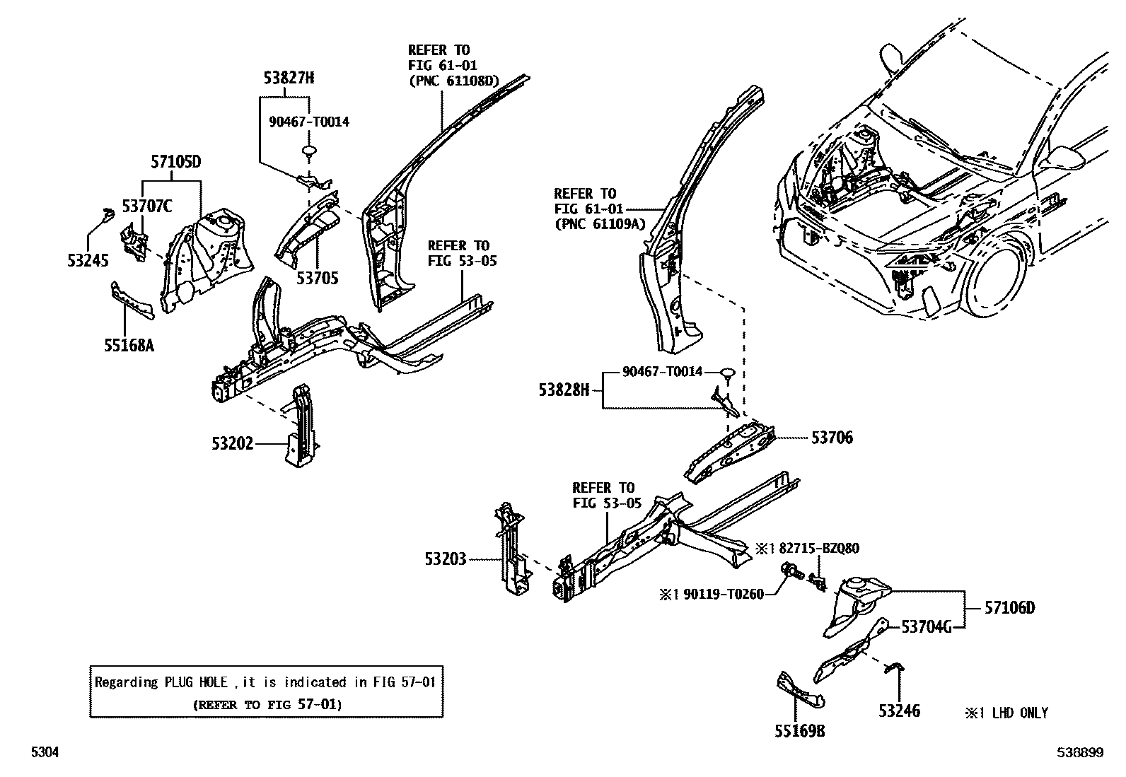Toyota YARIS 前翼子板挡泥板和前围板 EPC diagram — 538899