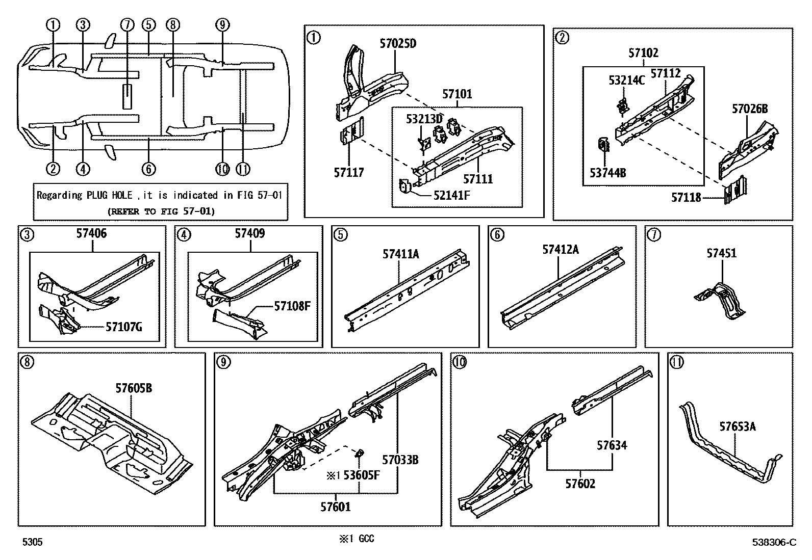 Toyota YARIS Floor stringers EPC diagram — 538306C