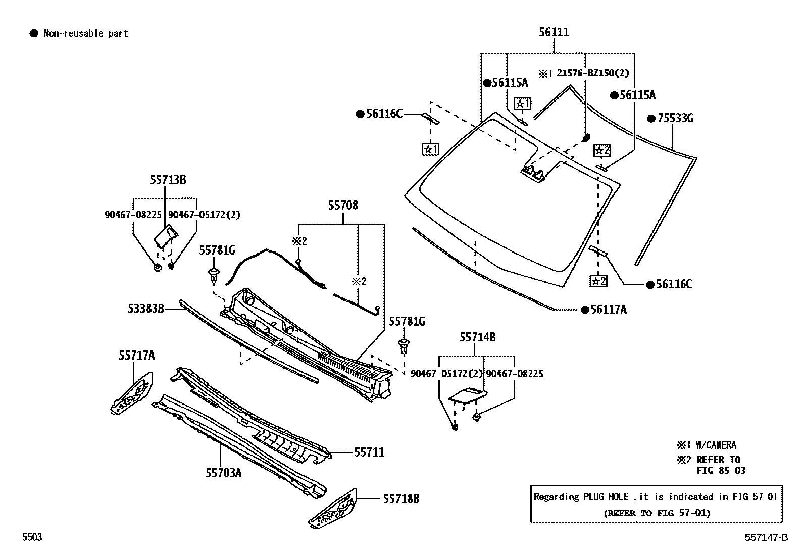 Toyota YARIS 前围板和挡风玻璃 EPC diagram — 557147B