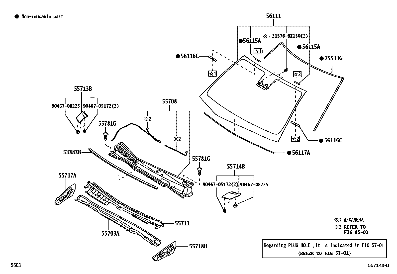 Toyota YARIS 前围板和挡风玻璃 EPC diagram — 557148B